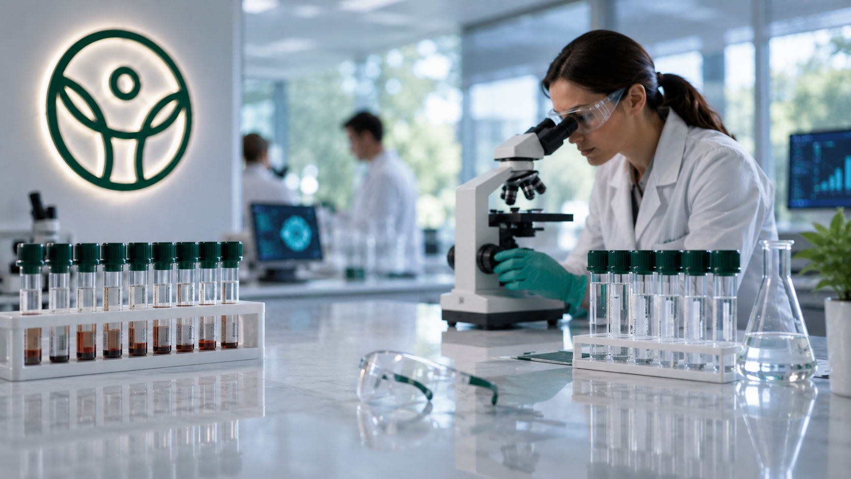 Kihealth Labs scientist examining specimen tubes under a microscope in the clinical laboratory