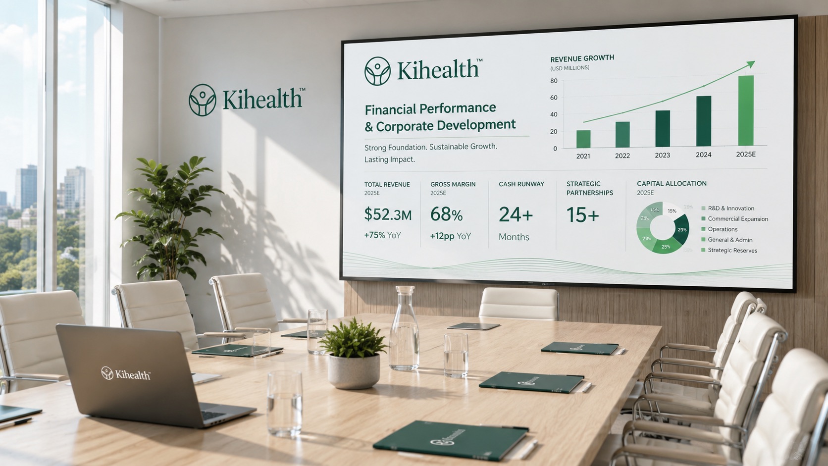 Kihealth boardroom with a presentation of financial performance and corporate development metrics on screen