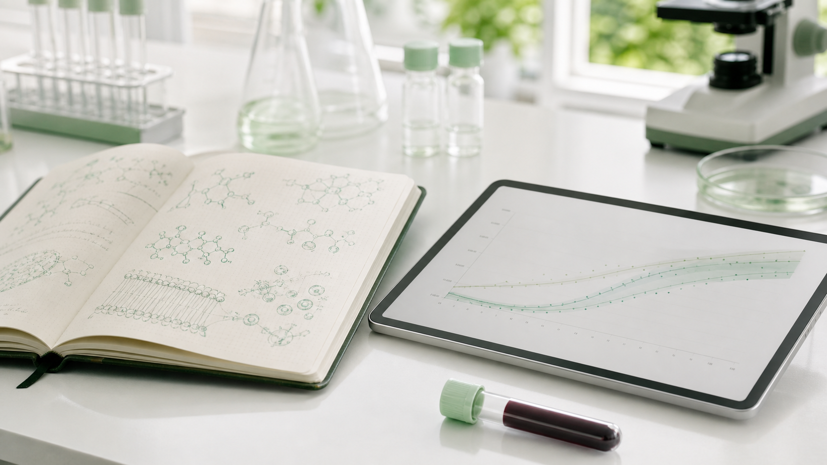 Open research notebook of hand-drawn molecular structures beside a tablet charting biomarker curves, a blood sample tube, glassware and a microscope on a sunlit lab bench