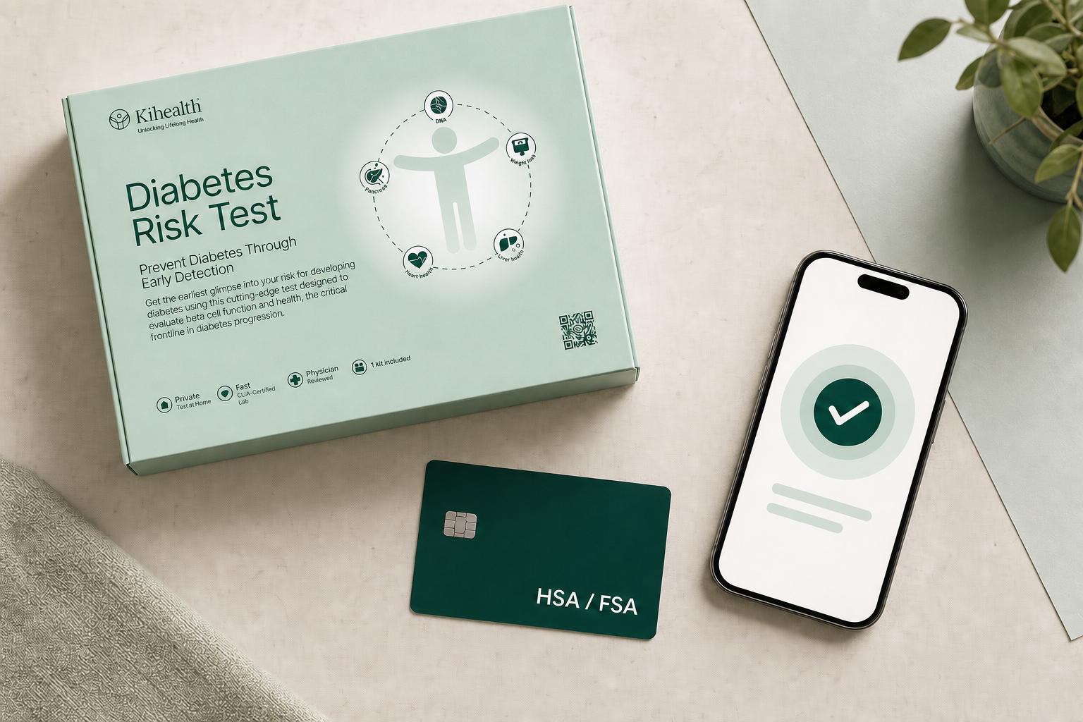 The Kihealth Diabetes Risk Test kit with an HSA/FSA card and phone showing results