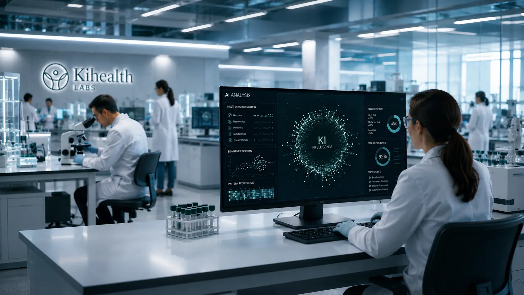 Kihealth Labs scientist reviewing a Ki Intelligence multi-omic AI analysis dashboard in a modern laboratory