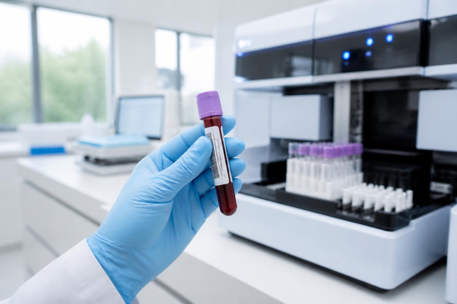 Clinical laboratory technician examining a blood sample with automated biomarker analysis instrumentation