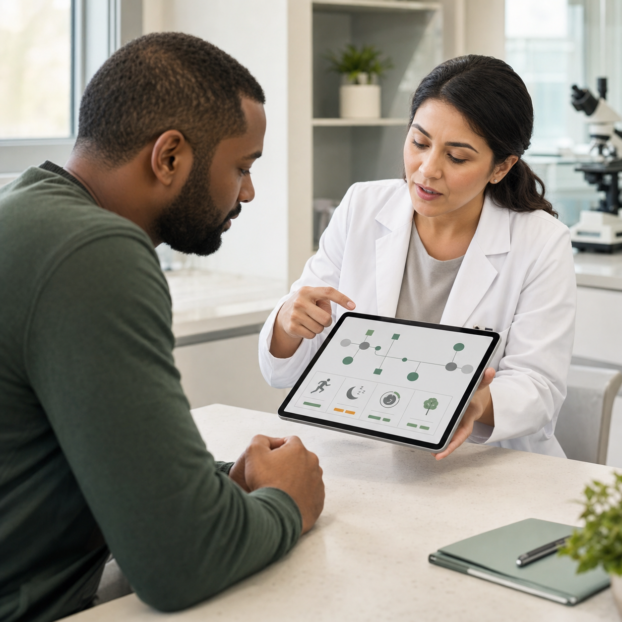 Clinician reviewing a unified patient risk profile with a patient