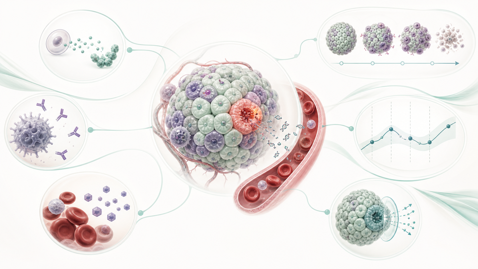Illustration of a beta-cell cluster releasing cell-free DNA into a blood vessel, surrounded by molecular panels showing immune markers, methylation signals and biomarker trends