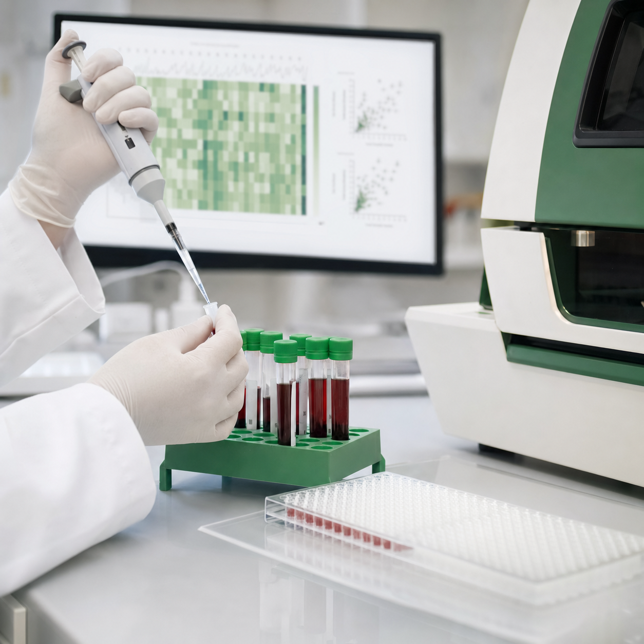 Scientist pipetting a plasma sample beside a molecular data readout