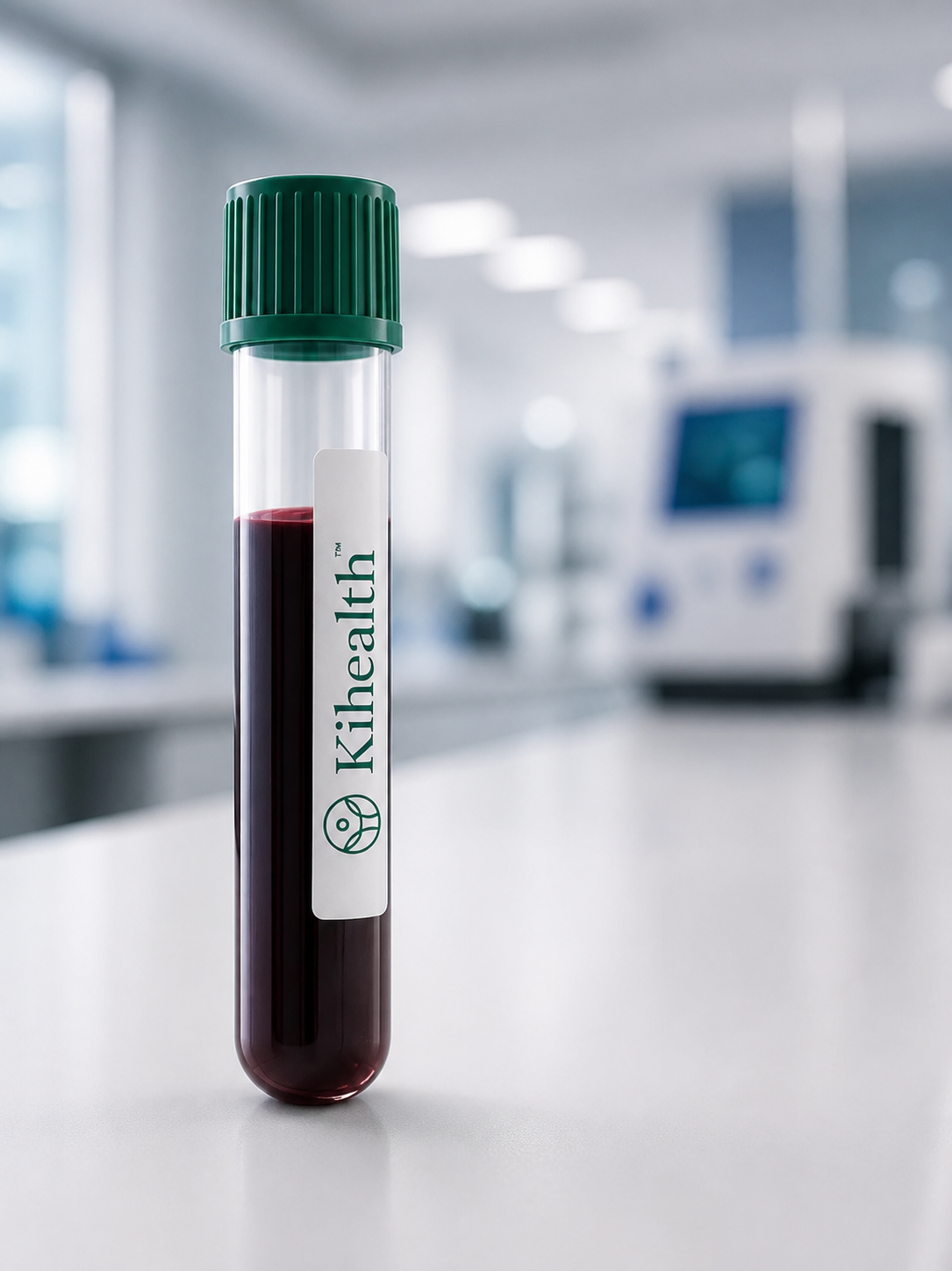 Gloved hand holding a Kihealth-labeled tube of collected whole blood in a clinical laboratory