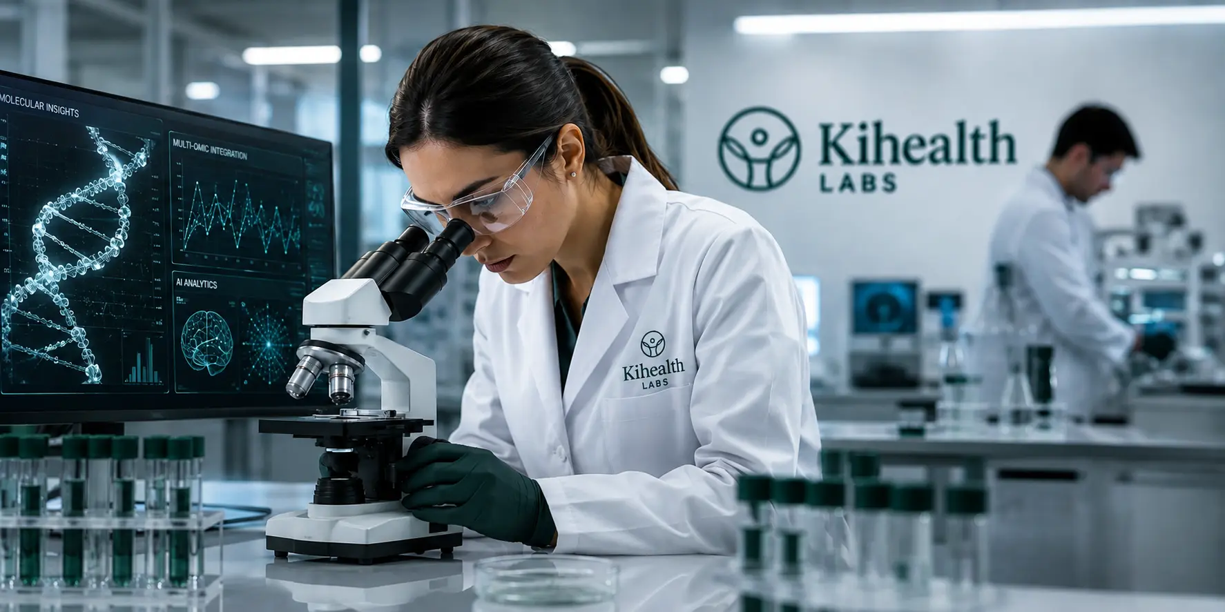 Kihealth Labs scientist examining a sample under a microscope beside molecular analytics displays