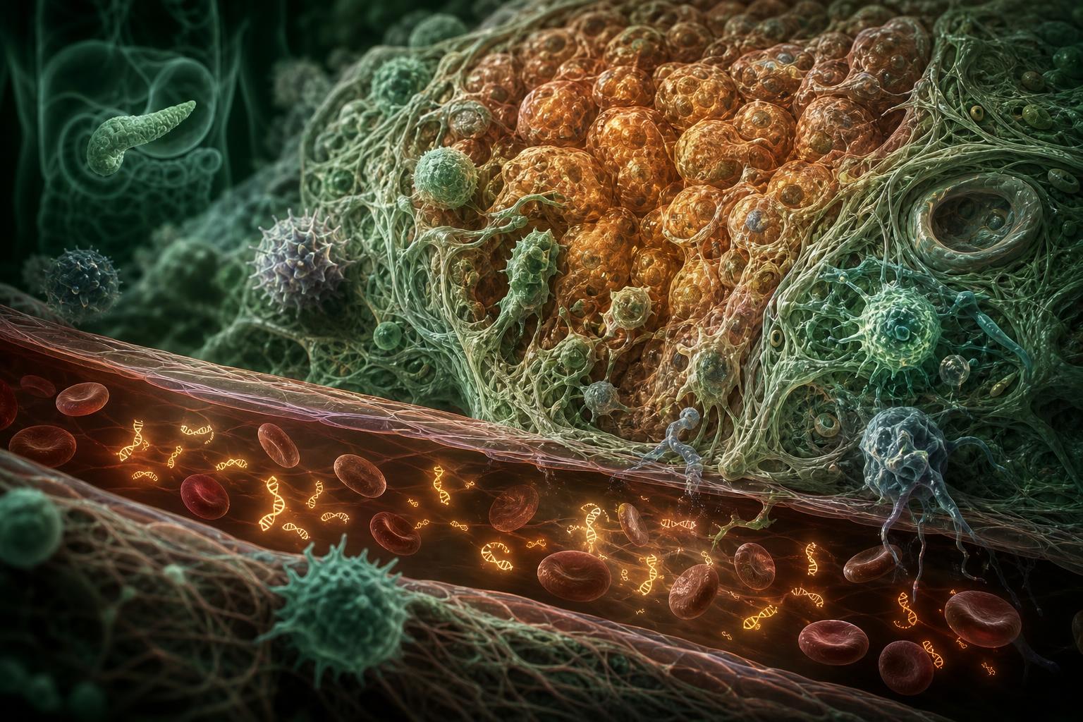 Pancreatic tumor microenvironment shedding circulating tumor DNA into a blood vessel