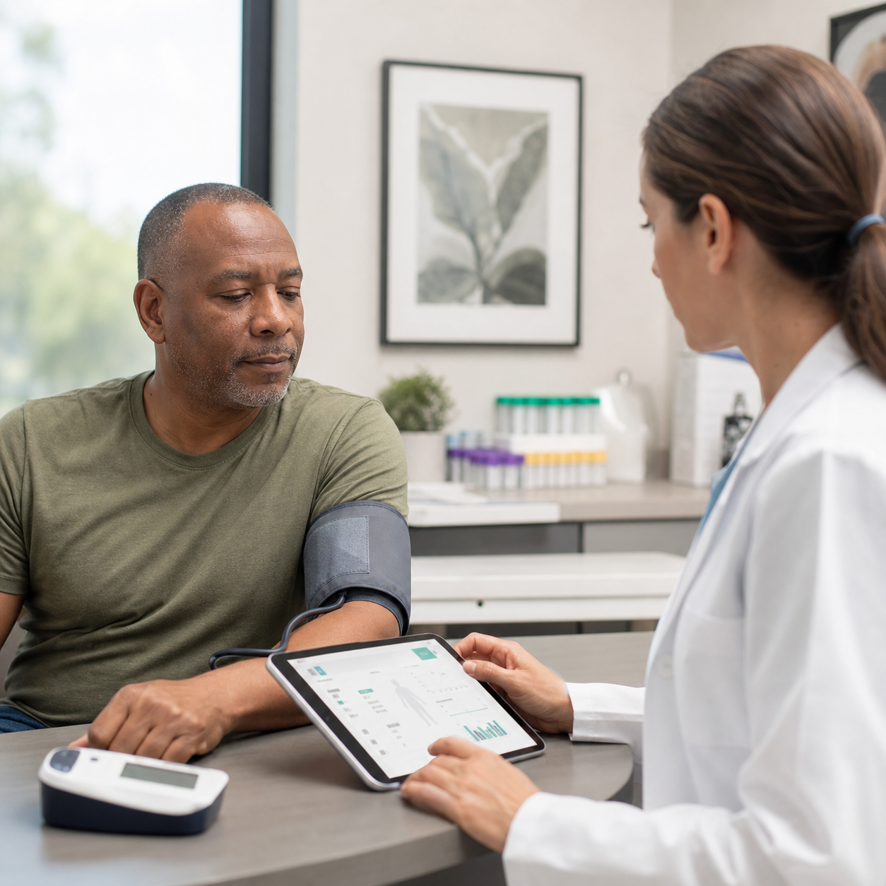 Physician reviewing a patient's history and risk factors during a visit