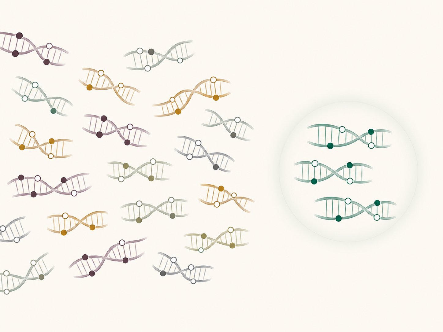 Illustration of a mixed pool of DNA fragments with a subset of beta-cell-associated fragments isolated and highlighted