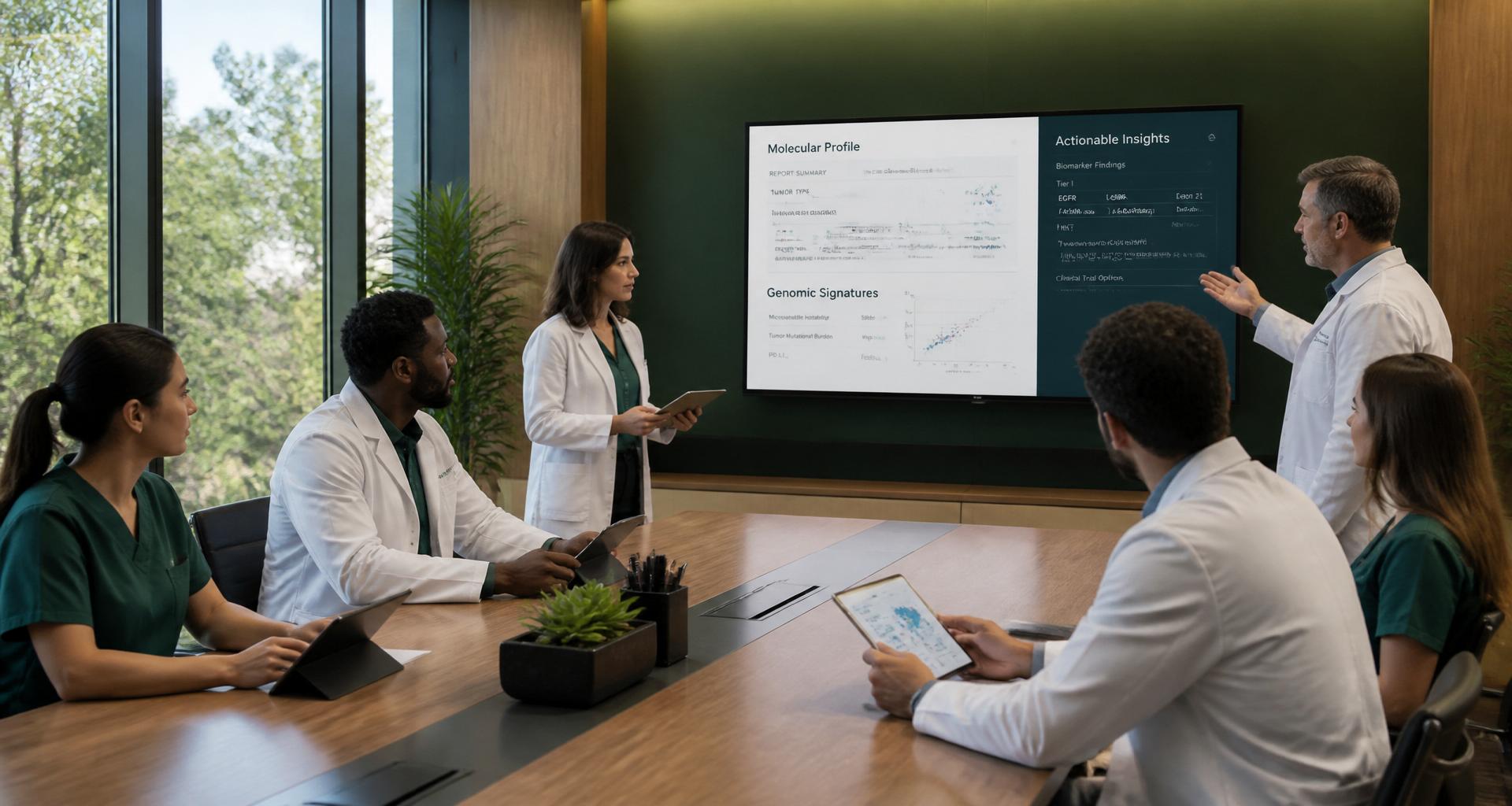 Multidisciplinary clinical team reviewing molecular diagnostic reports in a modern conference room