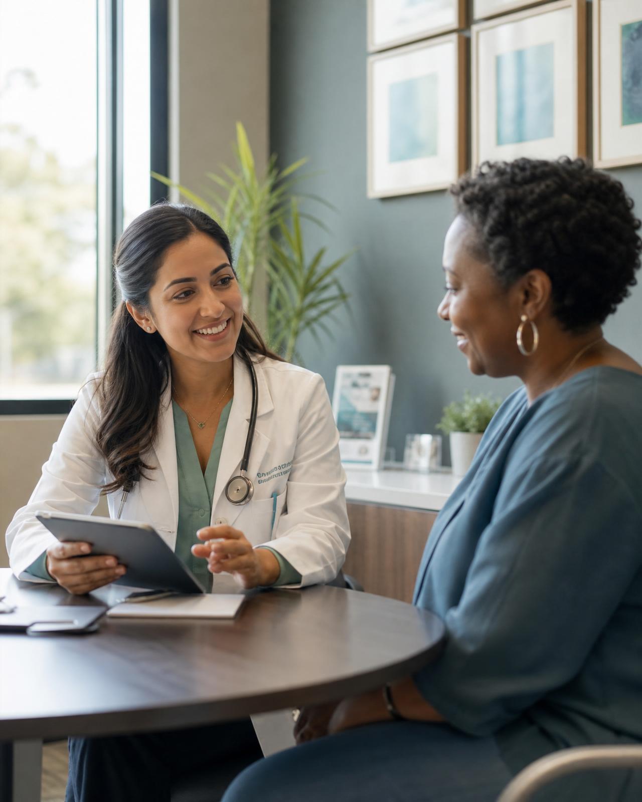 A physician reviewing results on a tablet with a patient in a bright clinic consultation room
