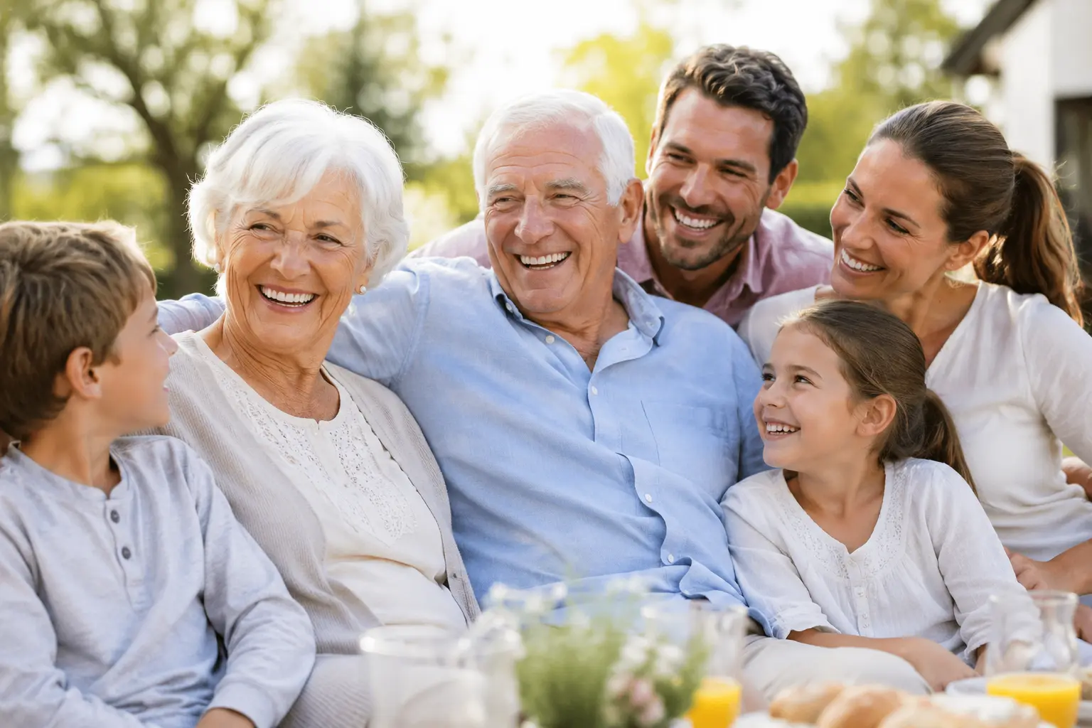 Three generations of a family smiling together outdoors in warm sunlight