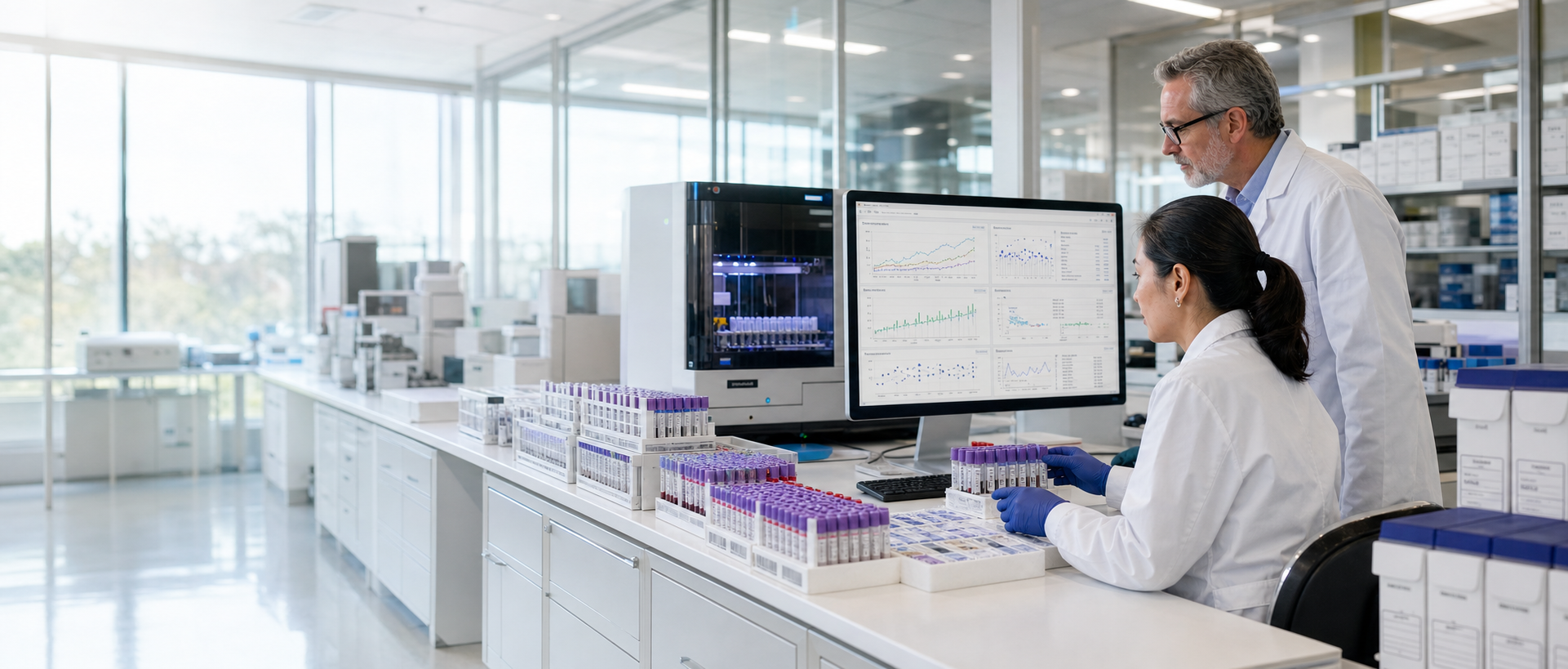 Laboratory scientists reviewing molecular biomarker data on a large monitor beside racks of blood collection tubes