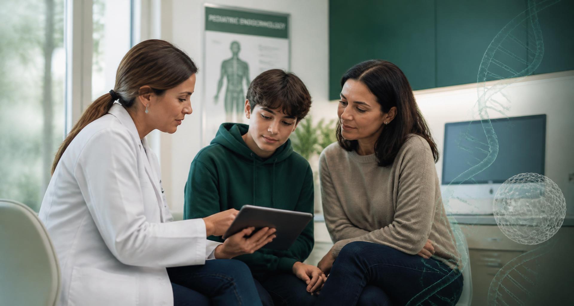 Pediatric endocrinologist reviewing molecular diagnostic results with a teenage patient and parent in a modern children's hospital