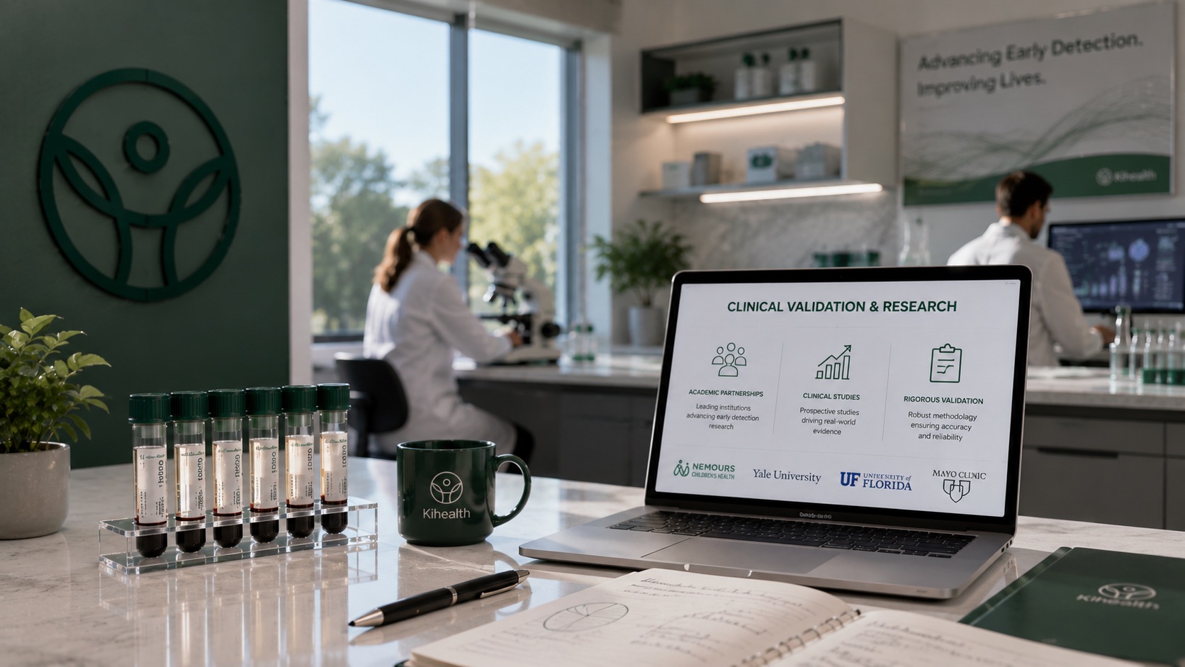 Kihealth Labs clinical laboratory bench with blood collection tubes and a presentation on clinical validation and academic research partnerships