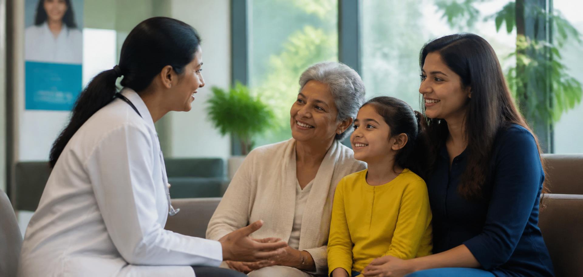 A physician warmly speaking with a multigenerational family in a bright modern clinic