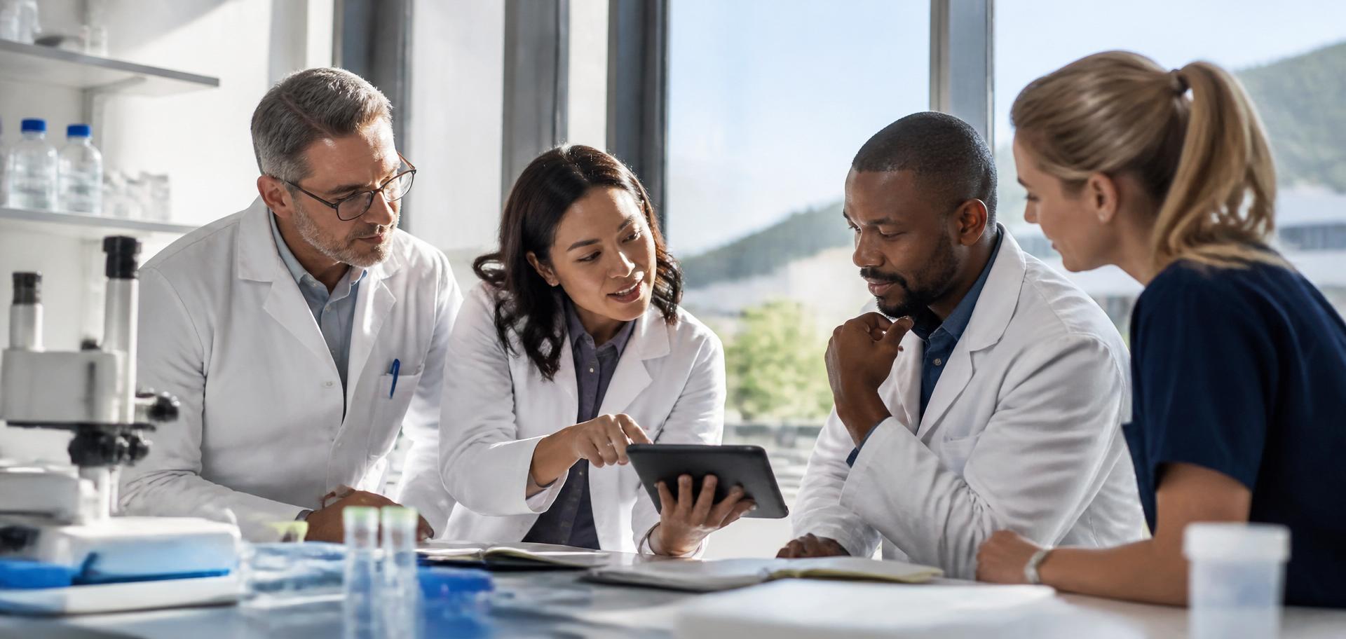 Diverse clinicians and research scientists collaborating around lab results in a sunlit modern laboratory