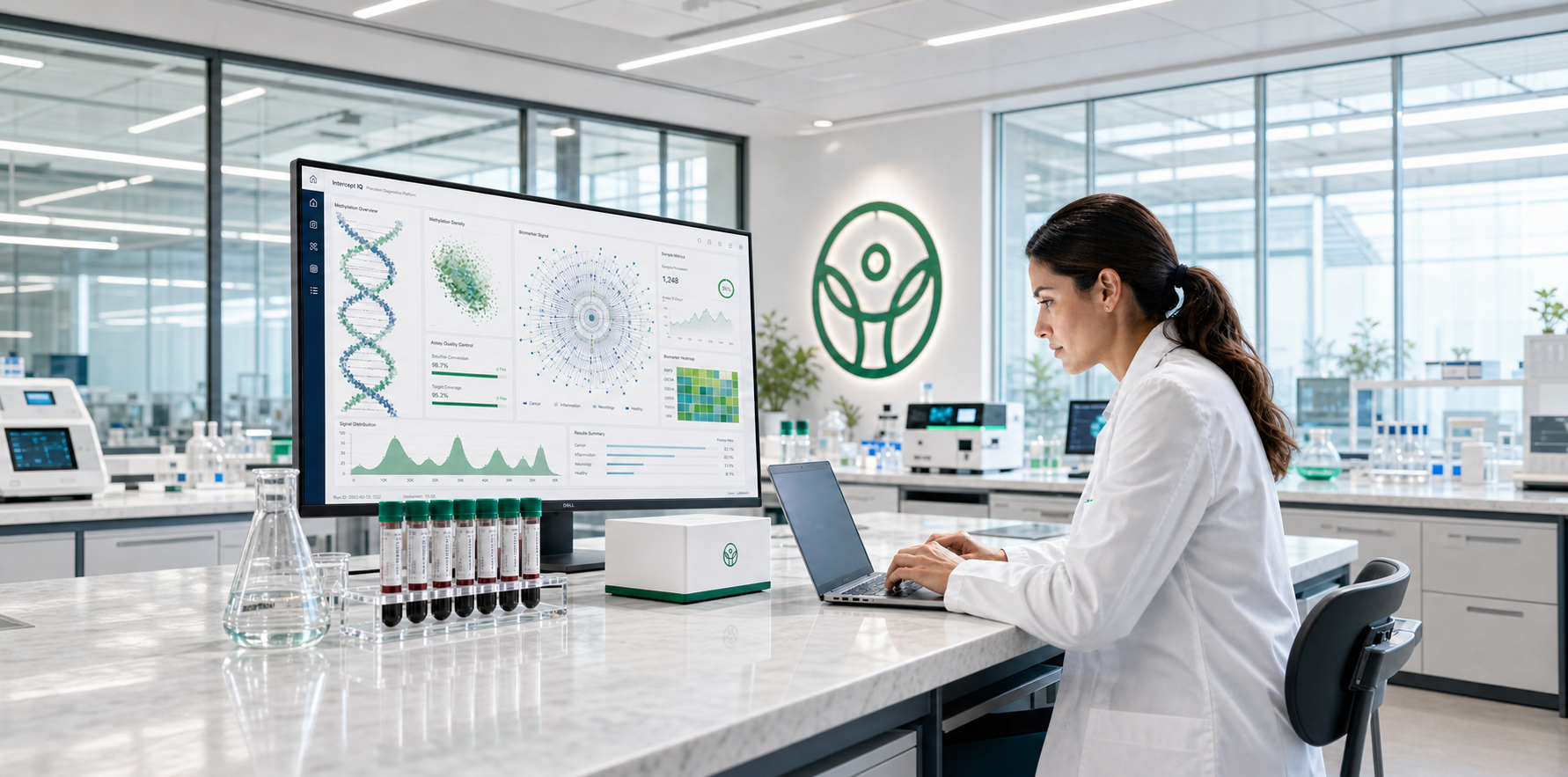 Kihealth Labs scientist reviewing Intercept IQ precision-diagnostics dashboards beside plasma sample tubes in a bright laboratory