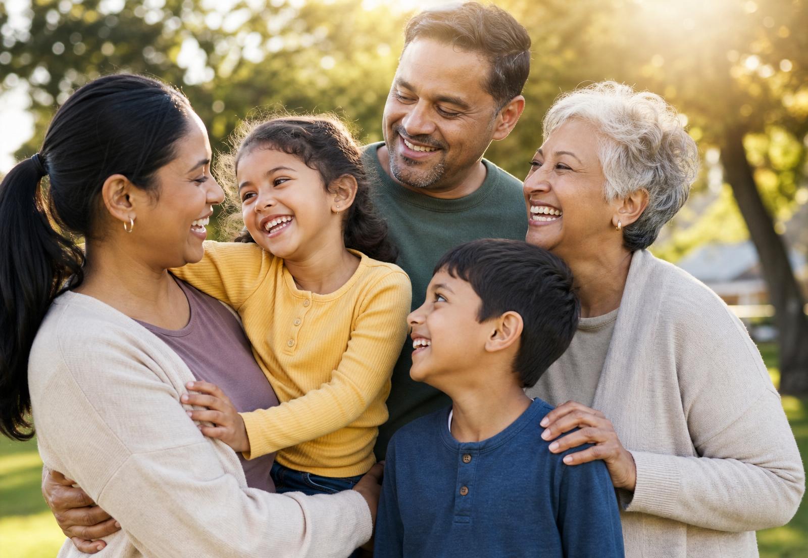 Warm, multi-generational family laughing together outdoors, representing the human impact of earlier disease detection