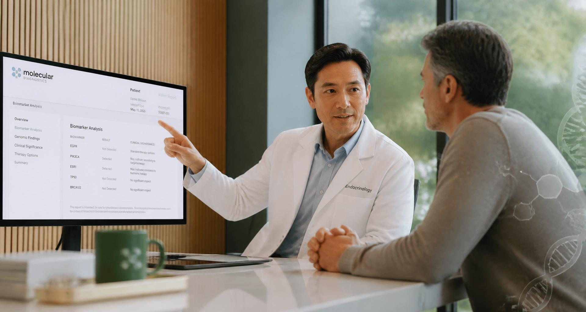Adult patient consultation with an endocrinologist reviewing a molecular diagnostic report in a modern outpatient clinic