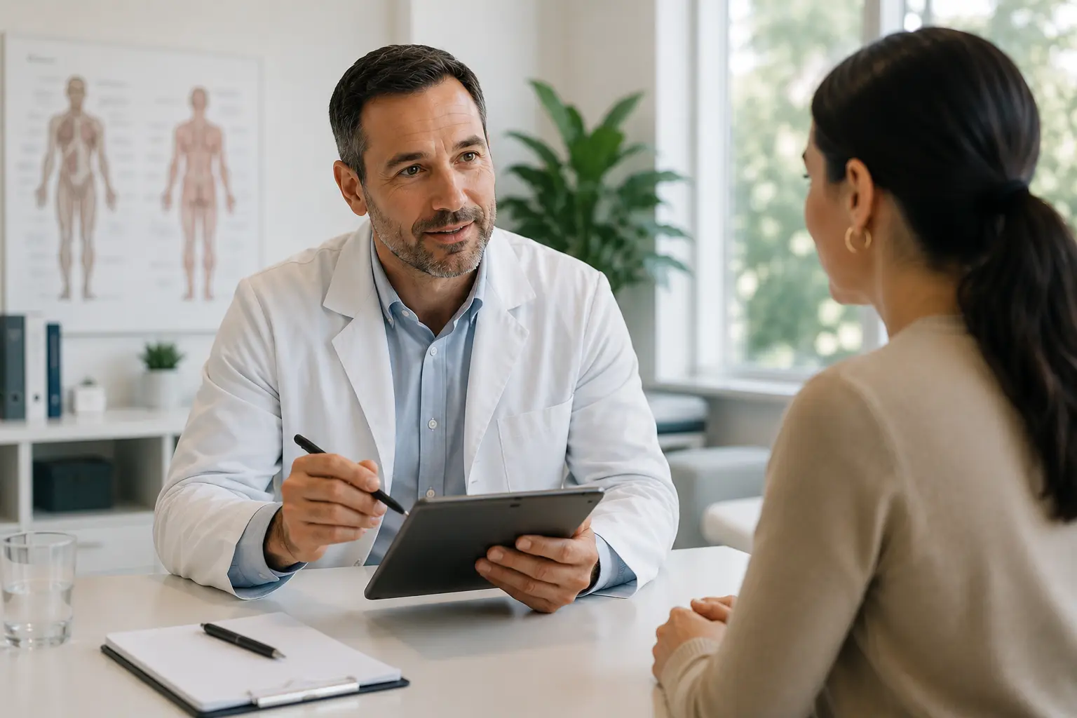 Physician with a tablet discussing testing options with a patient in a bright clinic office