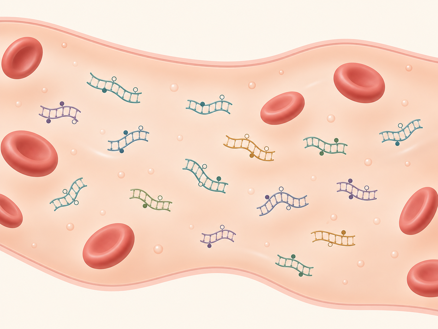 Illustration of a blood vessel containing red blood cells and many differently coloured cell-free DNA fragments carrying filled and open methylation markers