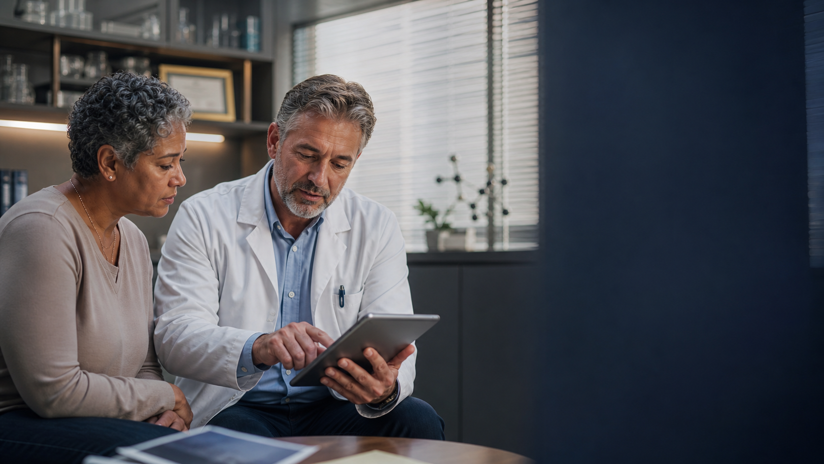 A physician and patient reviewing a diagnostic profile together