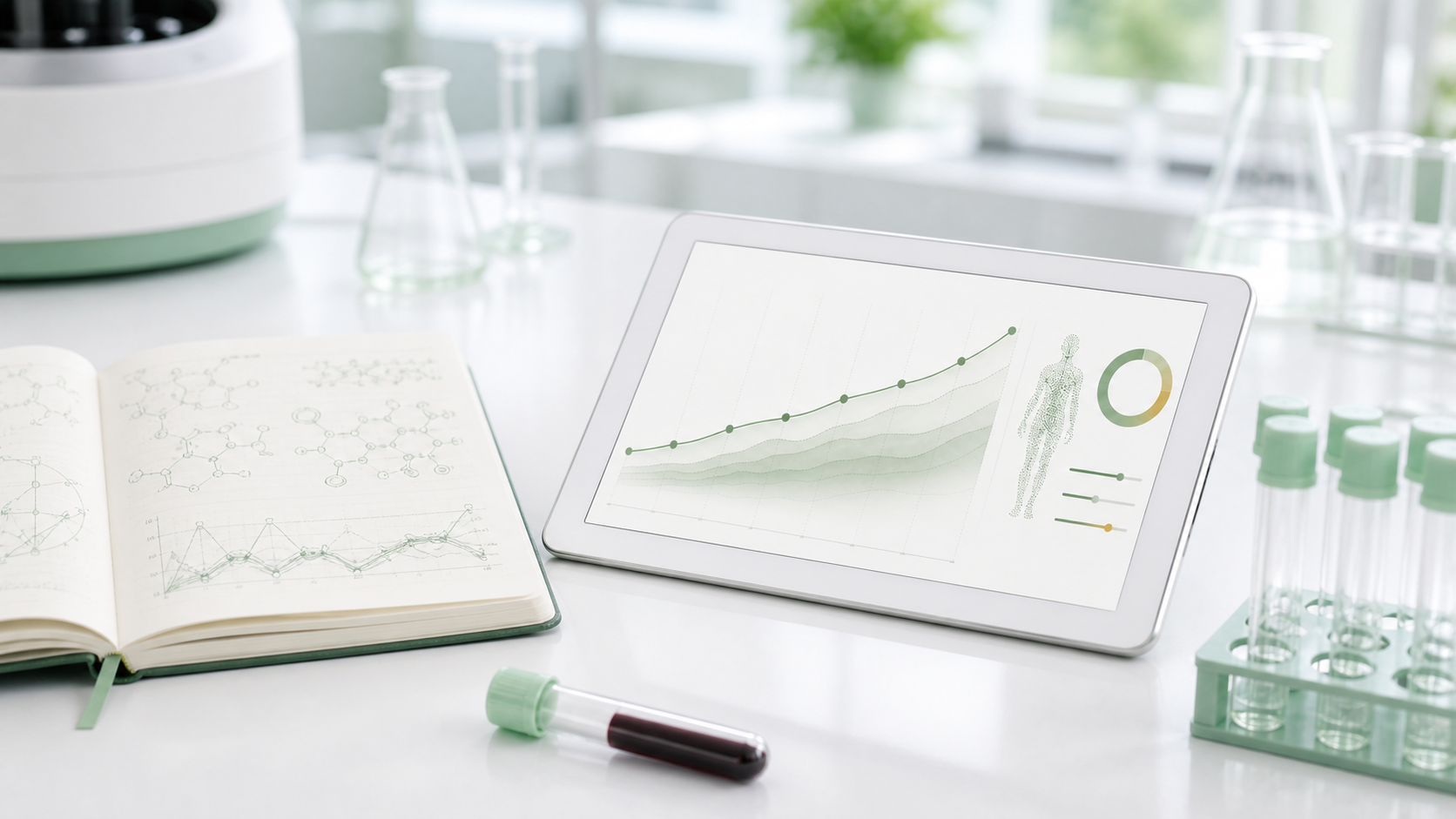 Sunlit lab bench with a blood collection tube, molecular notebook, and tablet showing a rising metabolic risk trend