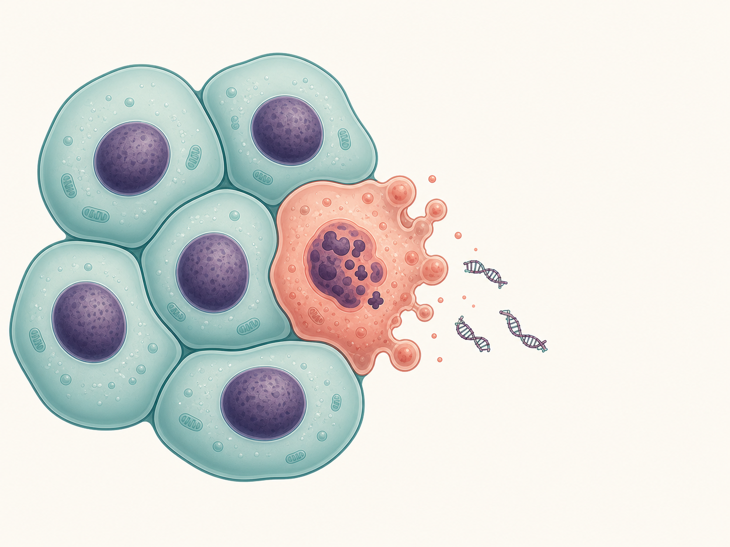 Illustration of a cluster of cells where one stressed cell releases DNA fragments into the surrounding space