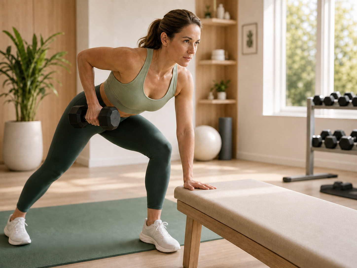 A woman strength training in a bright home gym