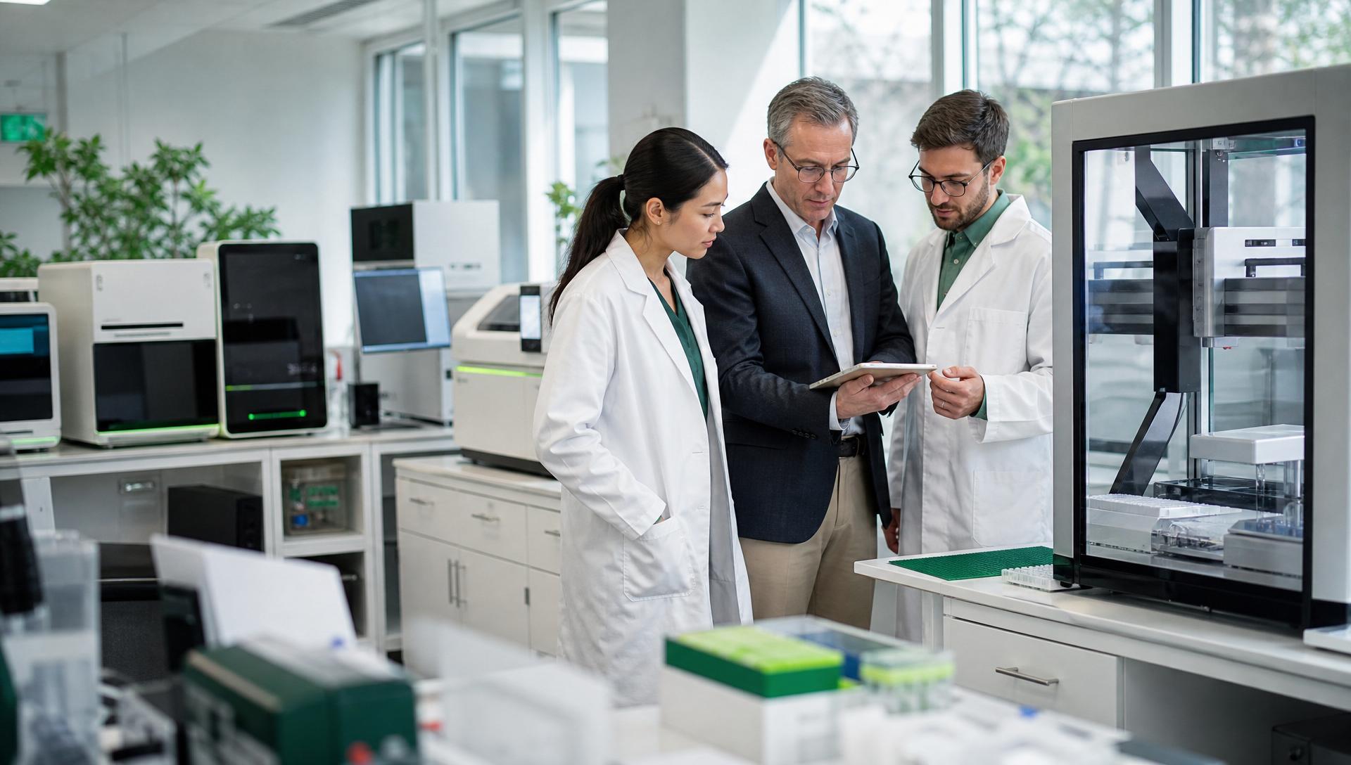 Clinical scientists and laboratory professionals collaborating with modern molecular diagnostics instrumentation in a clean, bright precision diagnostics laboratory
