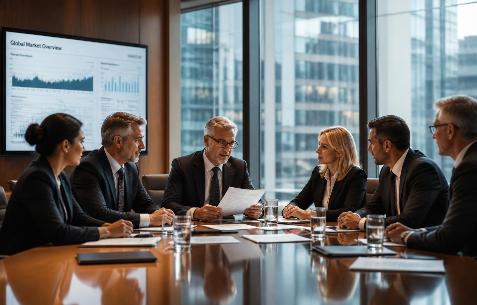 Executive leadership discussing investment strategy in a modern boardroom