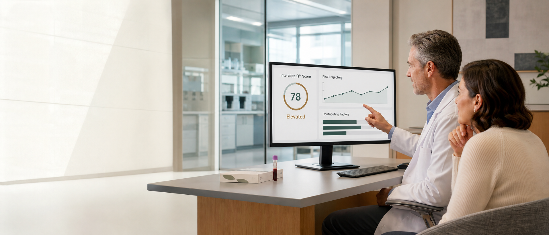 Clinician reviewing an Intercept IQ risk score dashboard with a patient