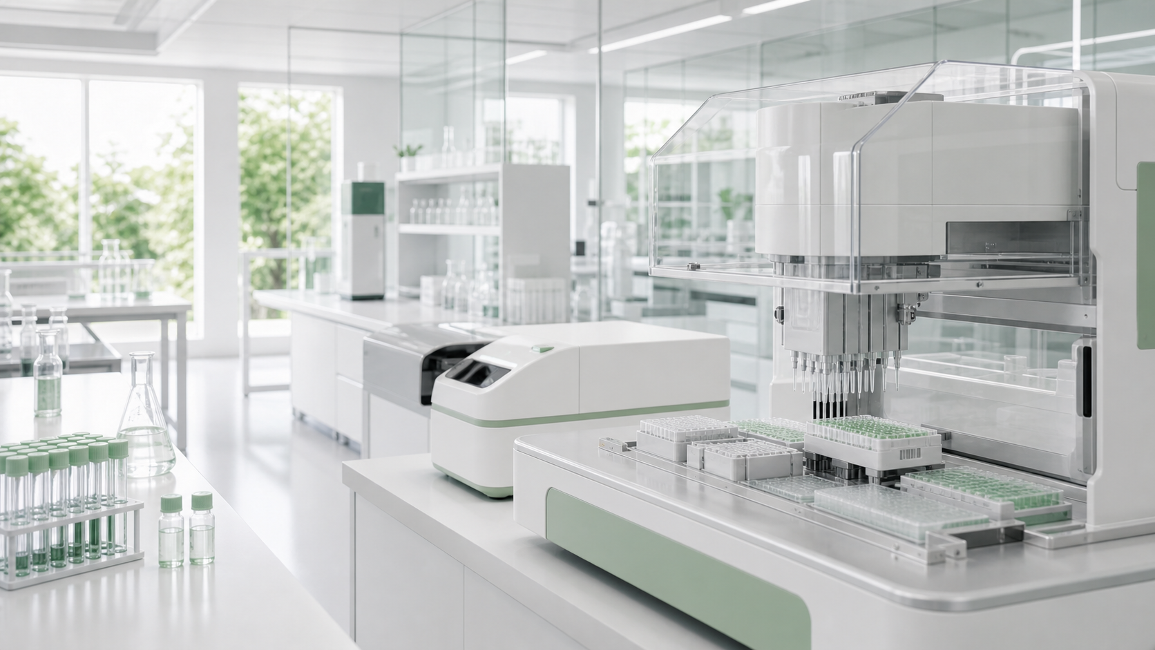 Bright, modern high-complexity molecular laboratory with automated liquid-handling robotics, neatly arranged sample tubes, and clean white benches