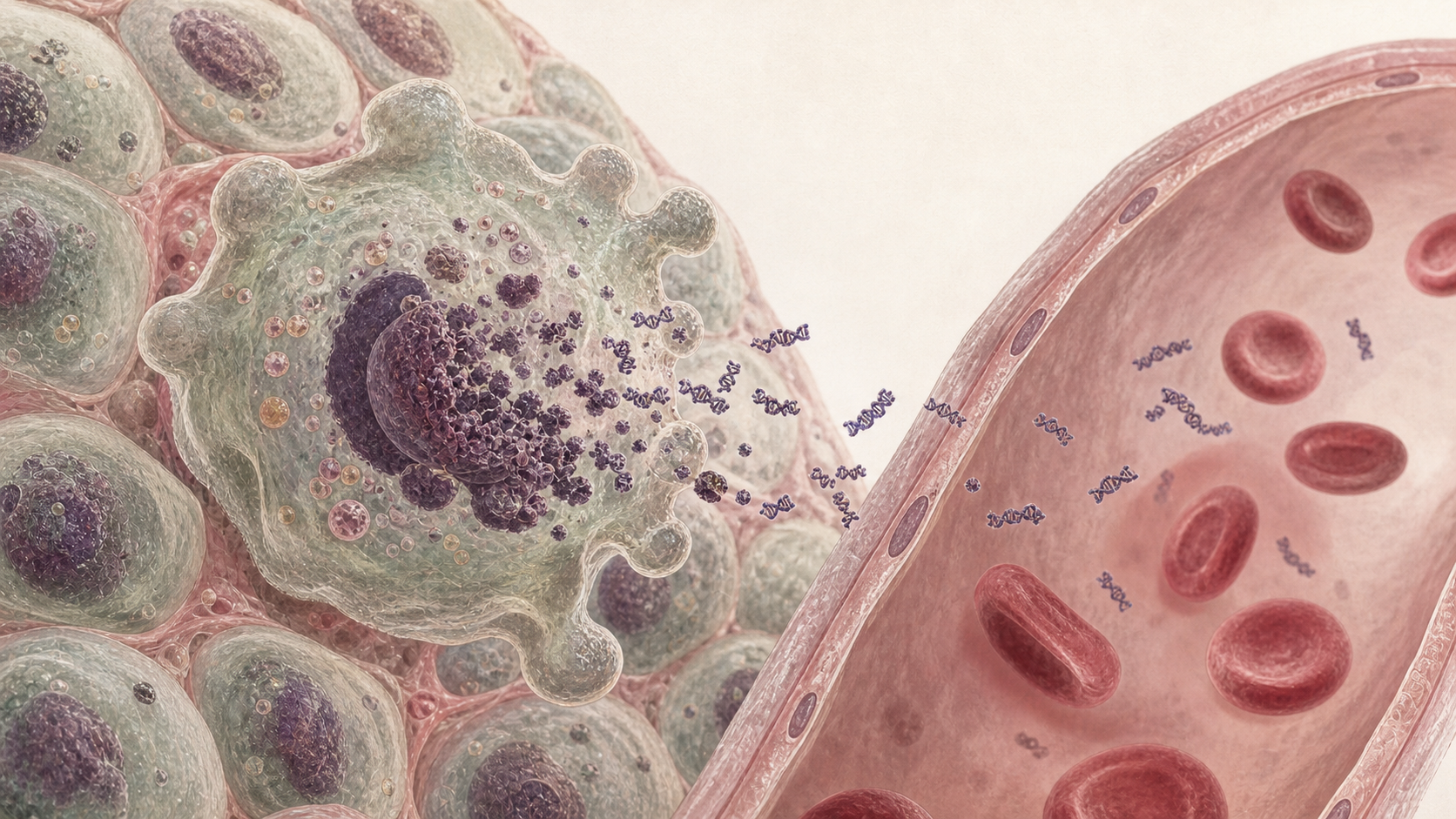 Scientific illustration of a stressed pancreatic beta cell releasing DNA fragments that enter an adjacent capillary containing red blood cells