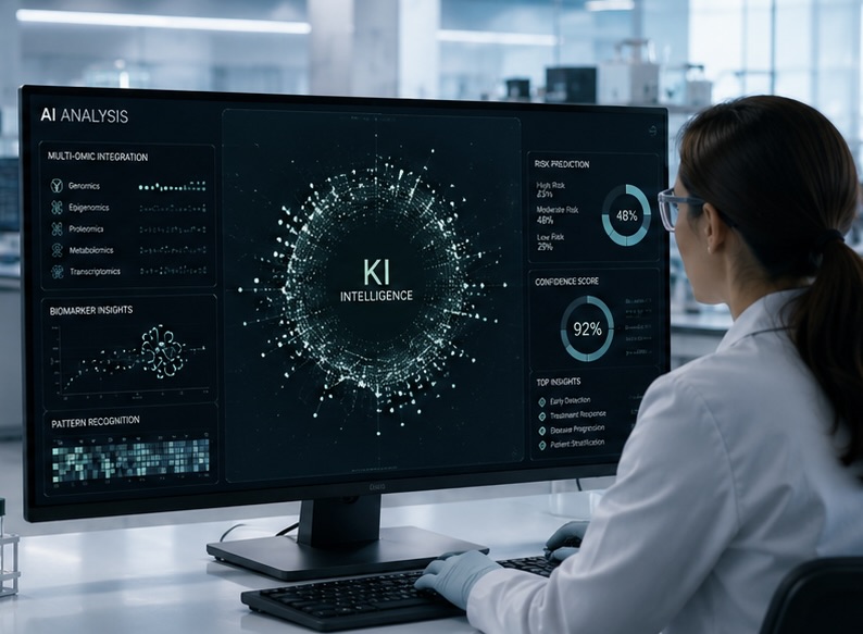 Scientist reviewing a Ki Intelligence multi-omic AI analysis dashboard