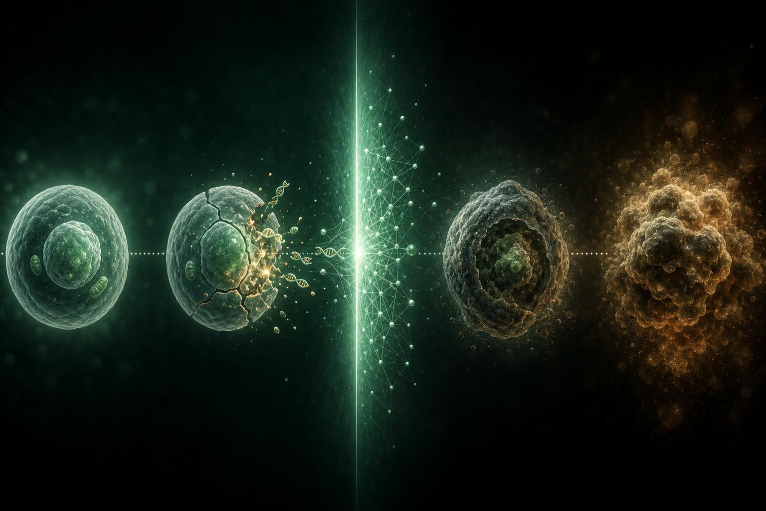 Disease interception timeline: healthy cell, cellular injury releasing cfDNA, InterceptIQ detection at the molecular moment, symptomatic cell, late-stage diagnosis