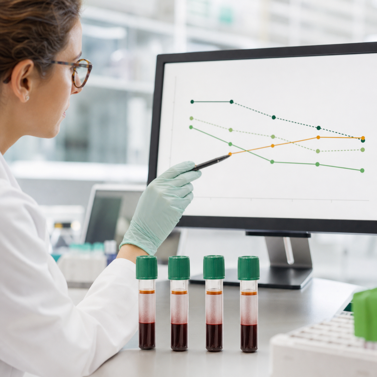 Researcher reviewing repeated biomarker measurements trending over time