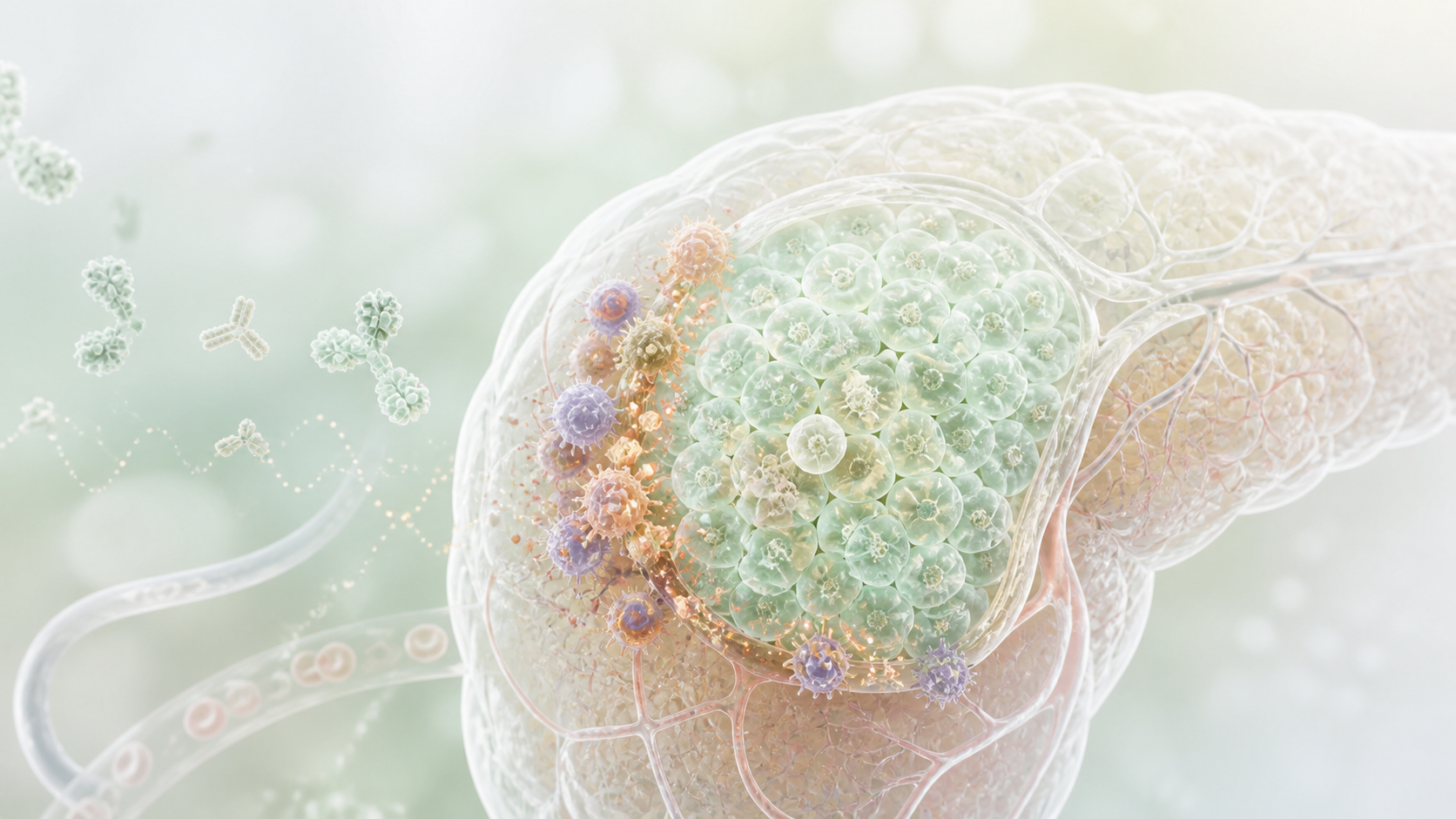 Illustrated pancreatic islet with beta cells under immune attack and autoantibodies in surrounding plasma