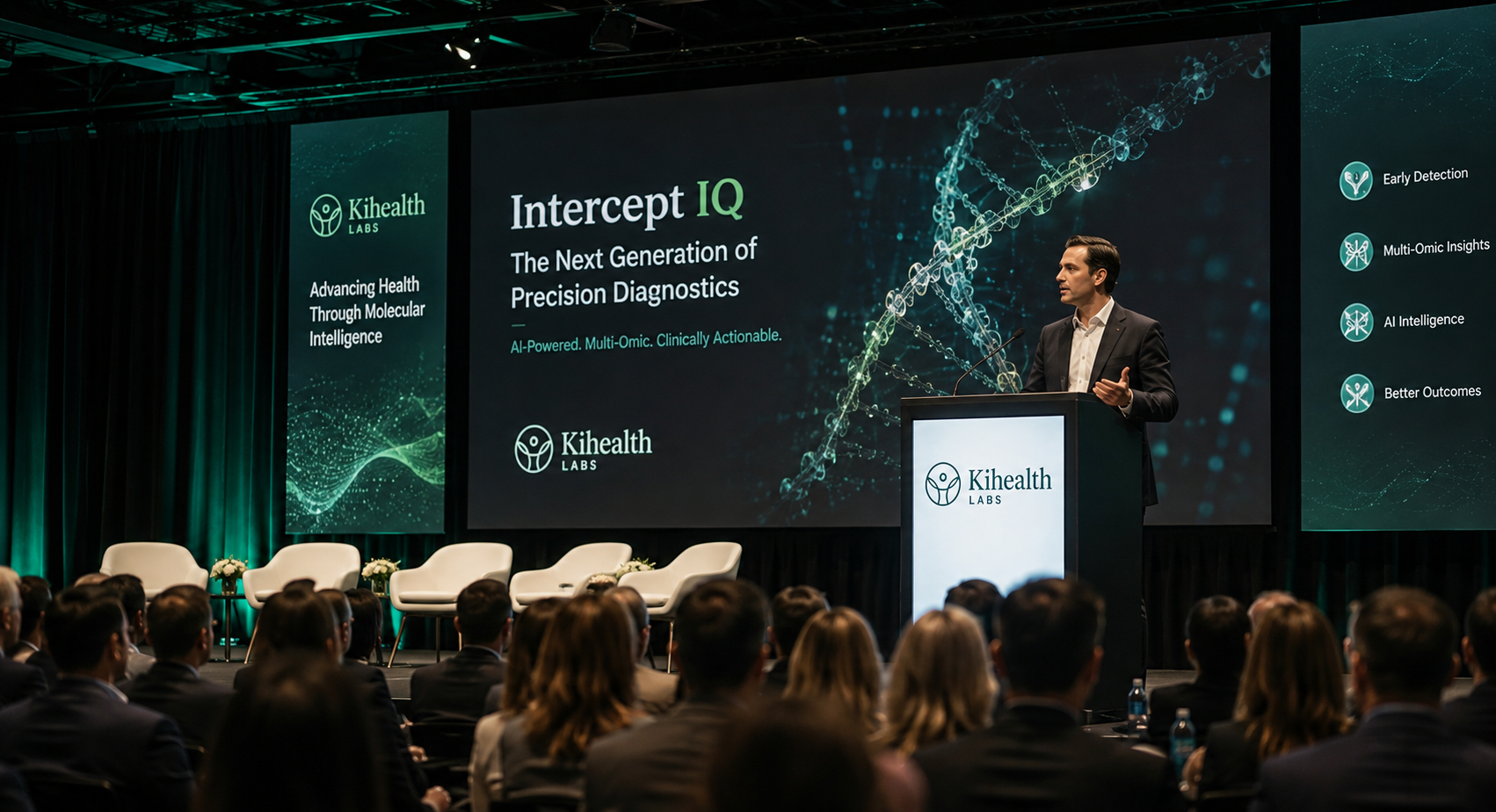 Kihealth Labs executive presenting the Intercept IQ platform on stage to a full audience at a scientific sessions keynote