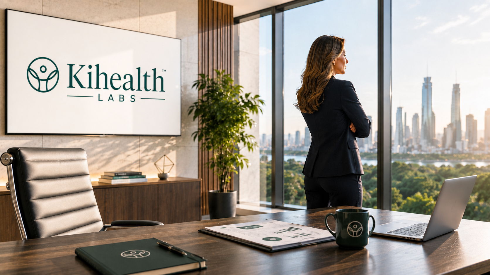 Kihealth Labs executive looking out over a city skyline from a sunlit office with the Kihealth Labs logo displayed