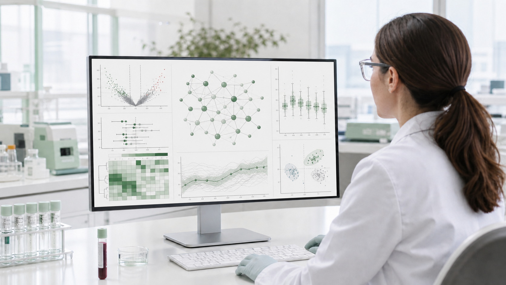 A scientist in a lab coat reviews multi-omic data visualizations — volcano plots, network graphs, box plots, and heatmaps — on a large monitor in a bright clinical laboratory