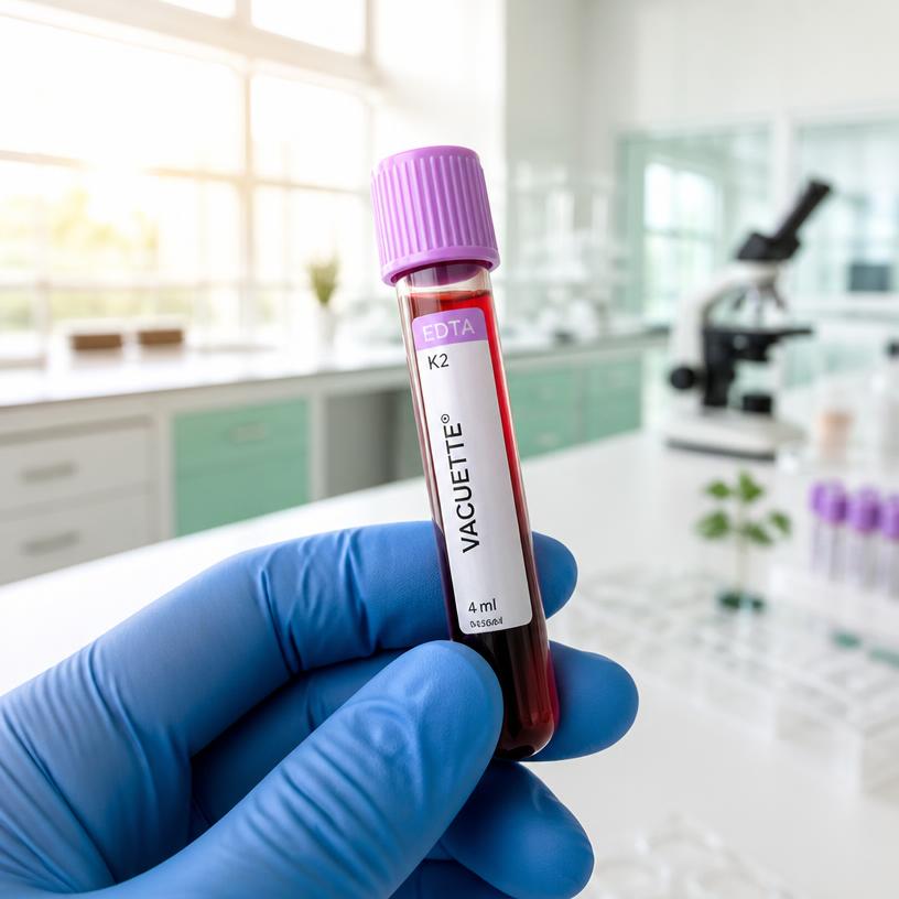 EDTA blood collection tube held in a gloved hand in a bright laboratory