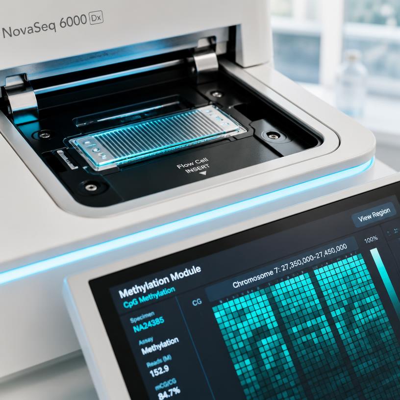 Sequencing flow cell and CpG methylation heatmap on a laboratory instrument