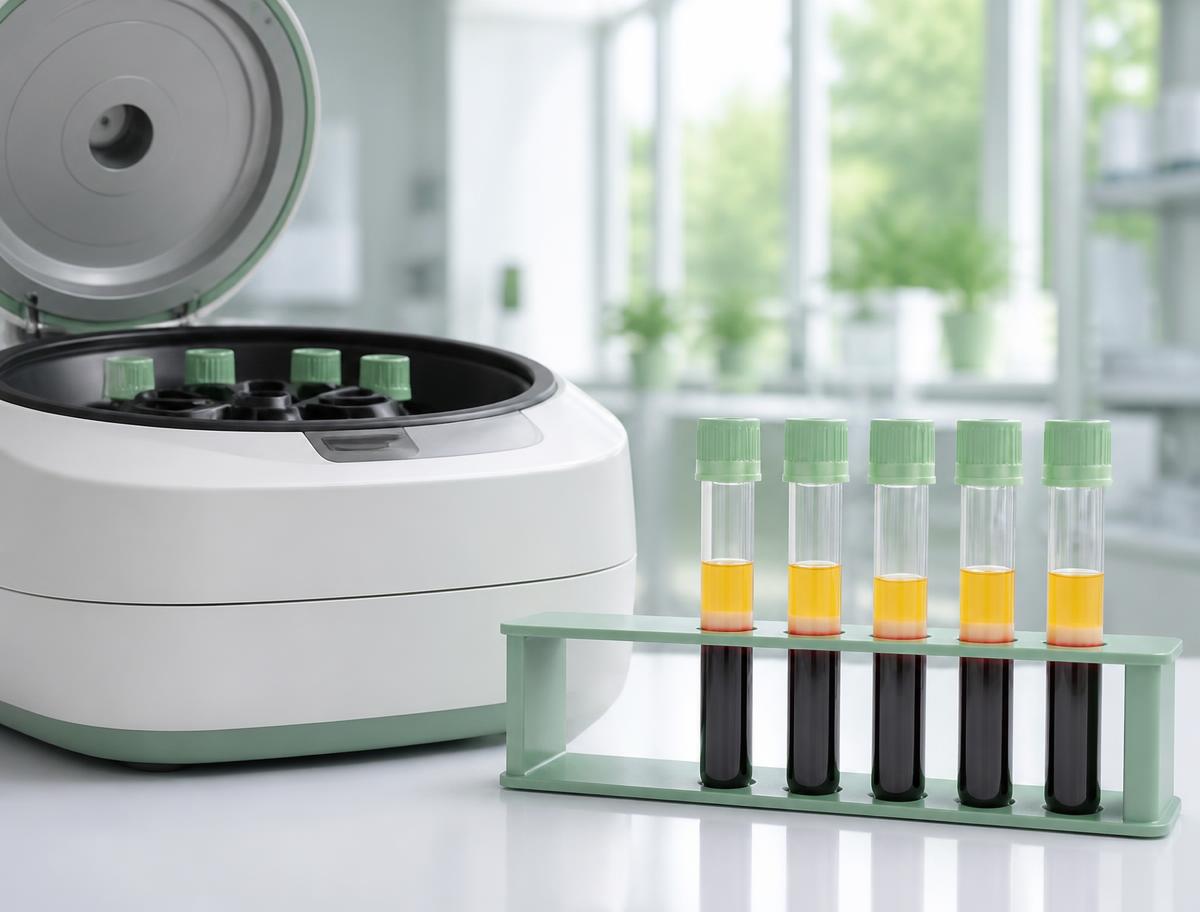 Laboratory centrifuge beside blood collection tubes showing separated plasma, buffy coat, and red blood cell layers