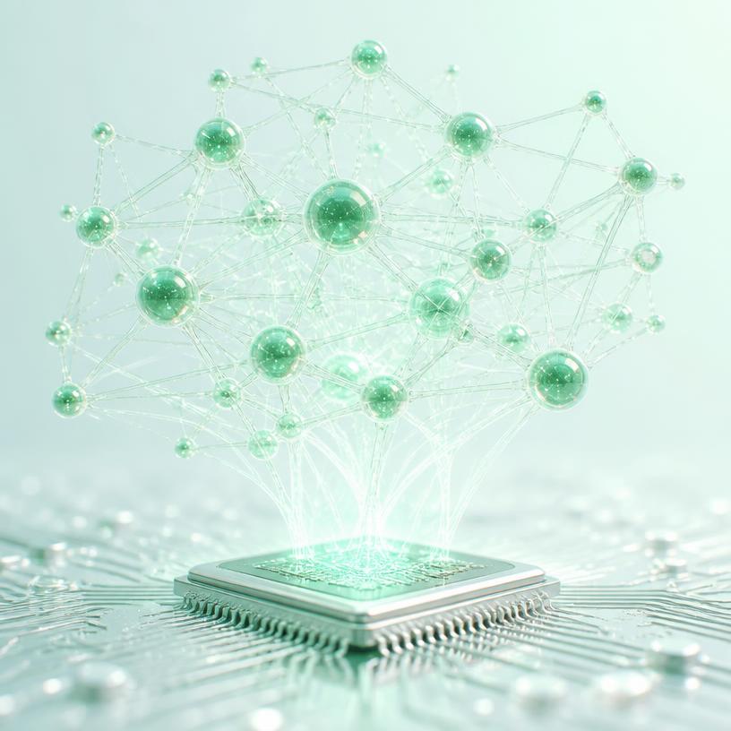 Neural network of glowing nodes above a silicon processor chip