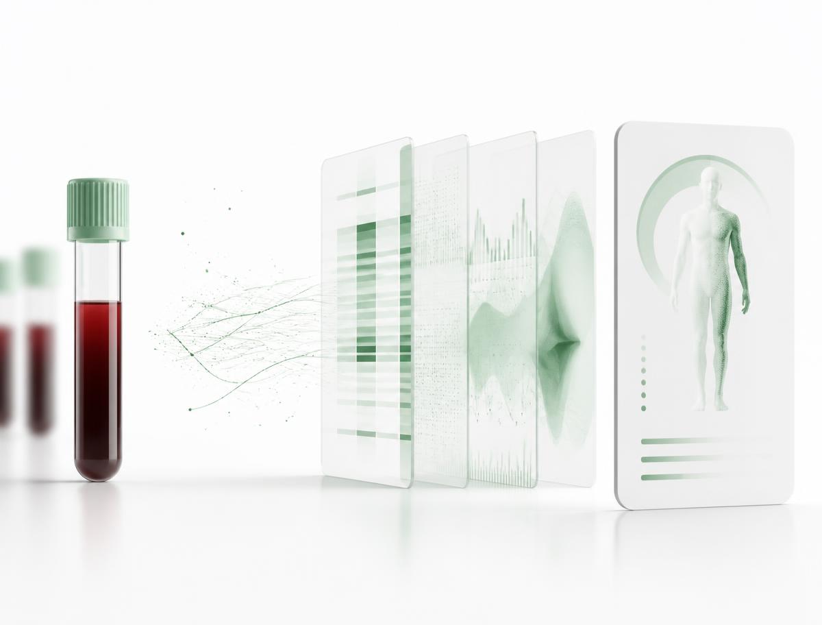 A blood sample resolving into molecular signal layers and then into an individual patient risk profile