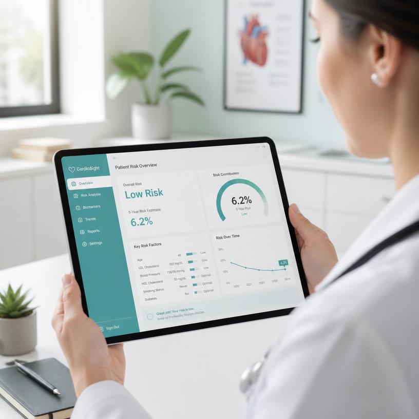 Clinician reviewing a patient risk dashboard on a tablet