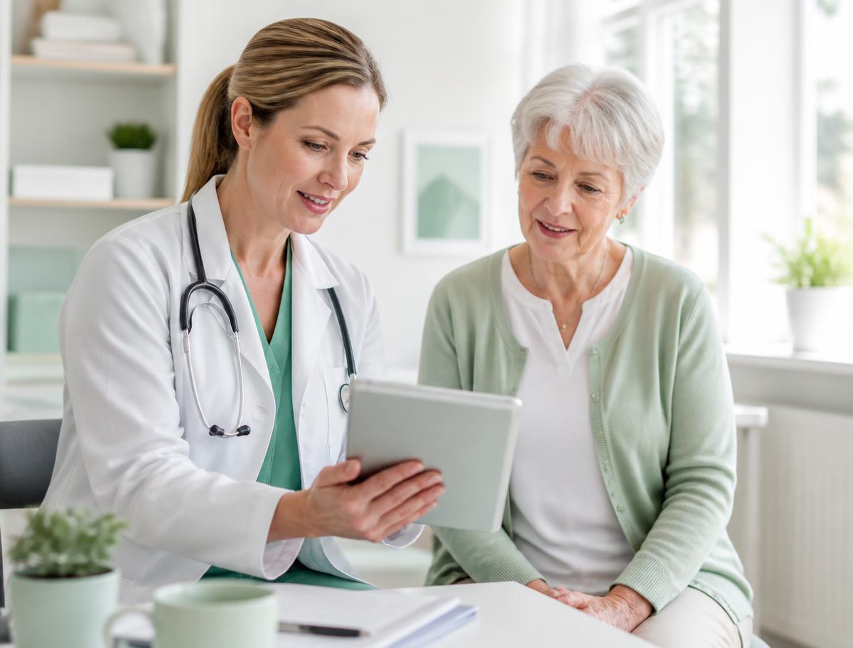 Physician reviewing a diagnostic risk profile on a tablet with a patient in a bright modern clinic